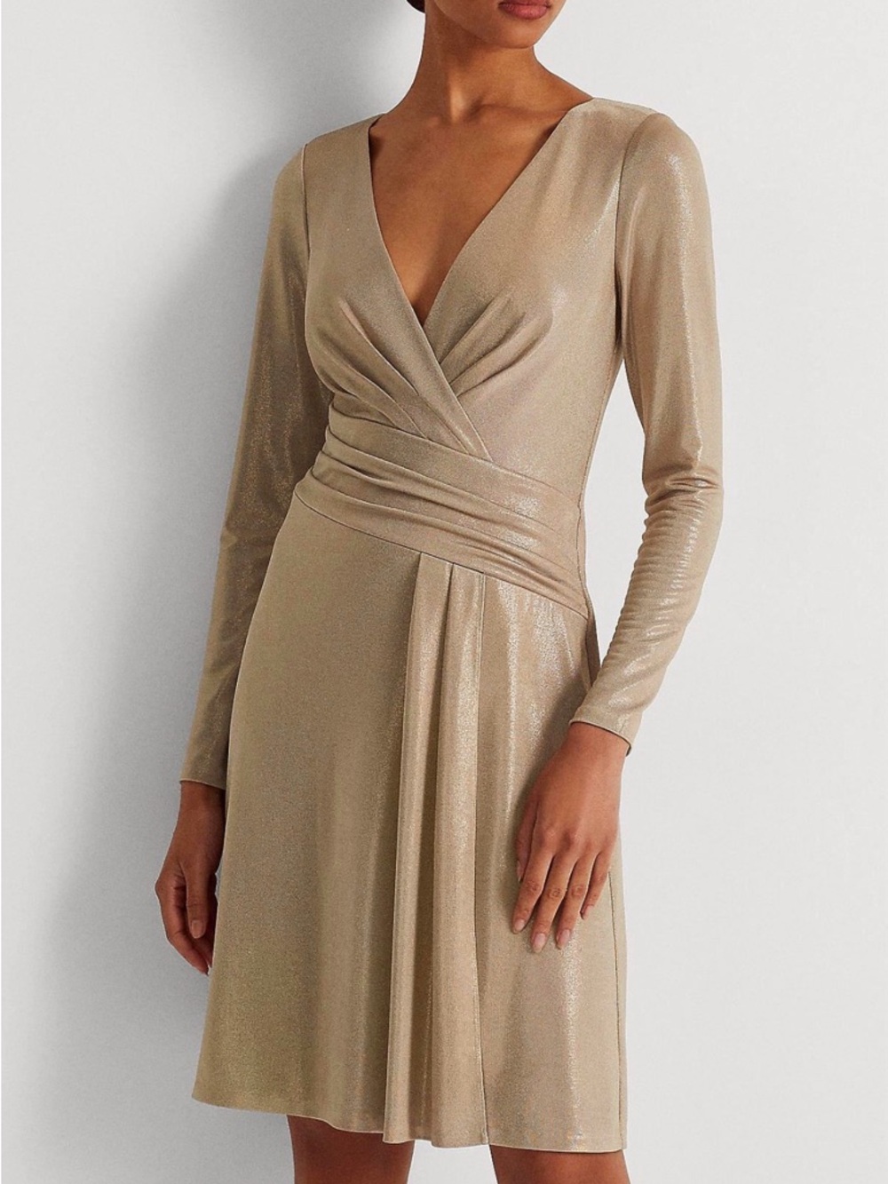 New Lauren Ralph Lauren Gold Metallic Ruched V-Neck Lined Stretch Knit Dress 2
